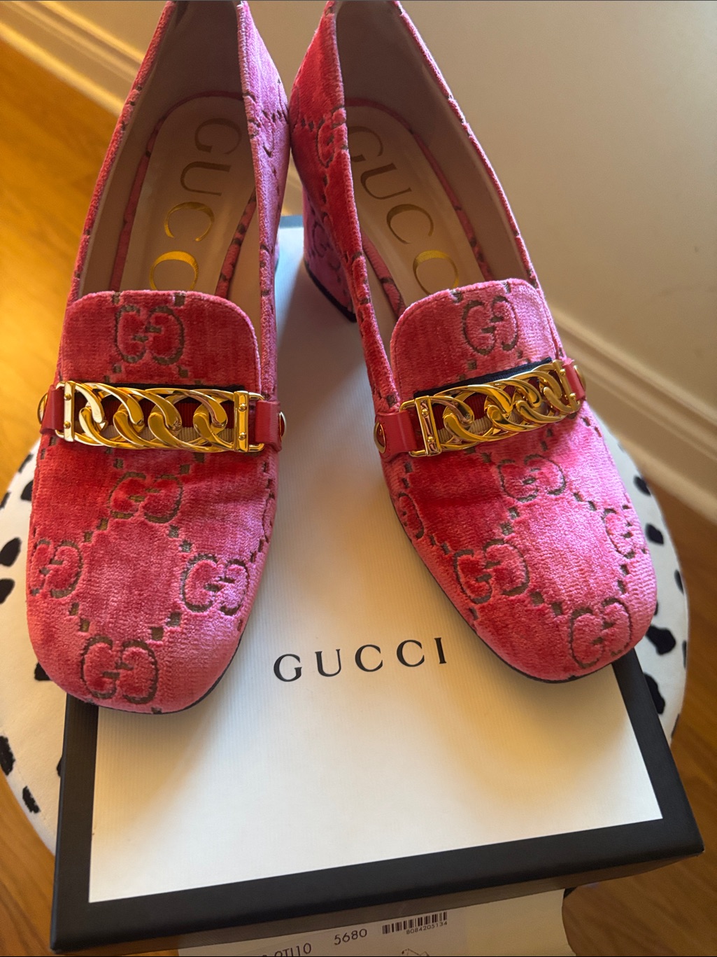 Gucci Pink Velvet Chain-Detail Block Heel Loafers